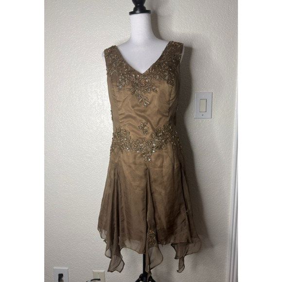 Sheer Beaded Floral Dress Y2K VNeck Asymmetrical Handkerchief Fairy Sequin Hi-Lo - Picture 2 of 12